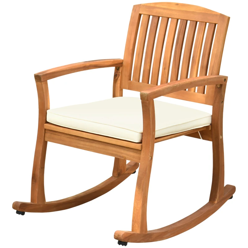 Outsunny Outdoor Rocking Chair with Cushion, Acacia Wood Patio Rocker for Backyard, Patio, Home, Teak Tone