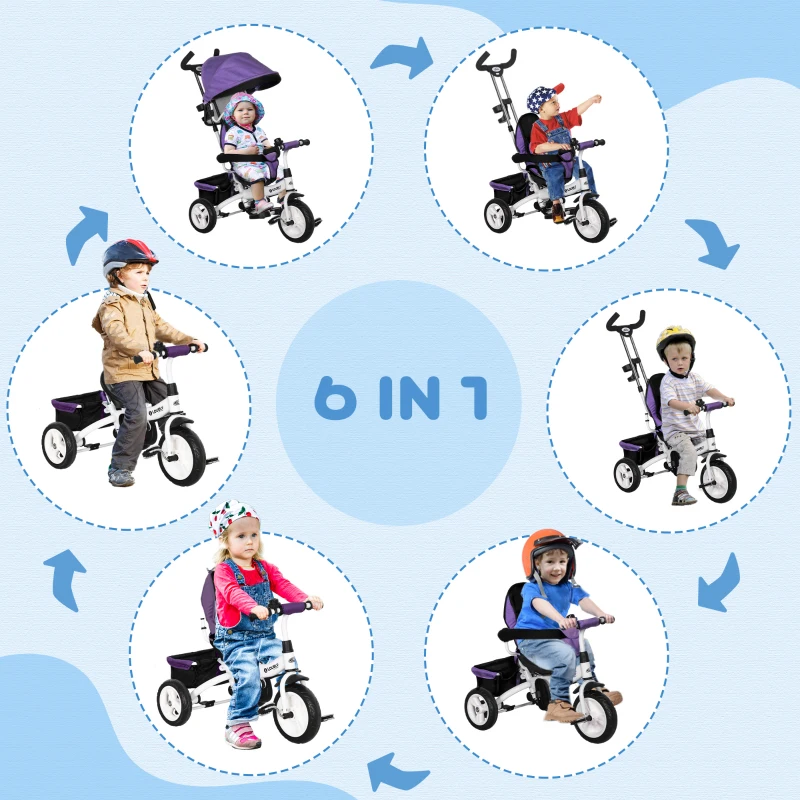 Qaba 6 in 1 Toddler Tricycle Stroller with Basket, Canopy, 5-point Safety Harness, for 12-60 Months, Purple
