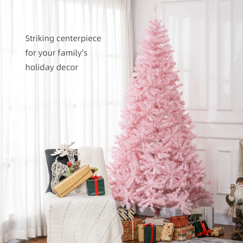 HOMCOM 7.5 FT Tall PreLit Artificial Christmas Tree with Realistic Branches, 500 Warm White LED Lights and 1346 Tips, Pink