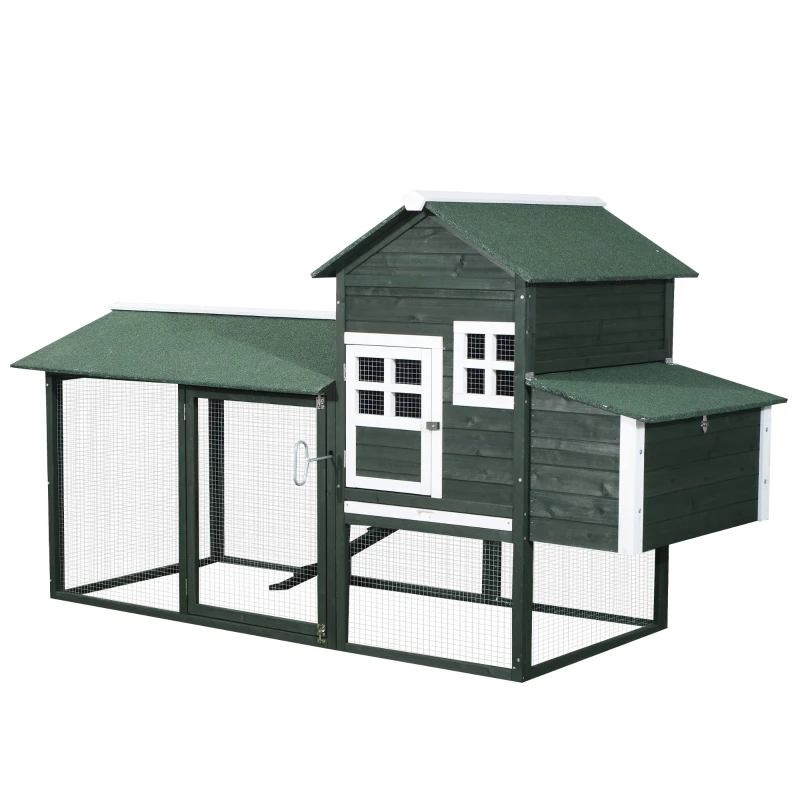 PawHut 84" Wooden Chicken Coop, Hen House Outdoor with Run Nesting Box, Asphalt Roof, Removable Tray, Ramp, Poultry Cage for 2-3 Chickens, Green