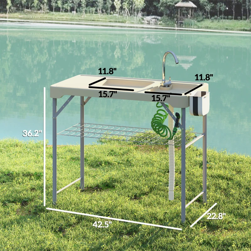 Outsunny Folding Fish Cleaning Table with Sinks, Portable Camping Sink Table with Faucet, Drainage Hose, Sprayer, Shelf, Drawer and Storage Basket, Outdoor Fillet Table for Picnic Beach Patio, Tan