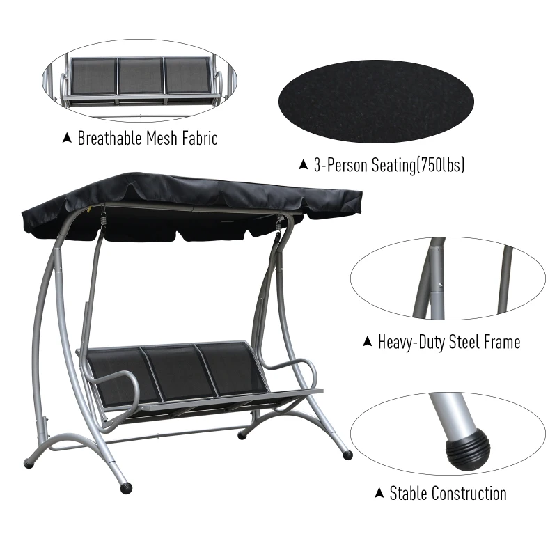 Outsunny 3-Seat Outdoor Porch Swing Chair, Patio Swing Glider with Adjustable Canopy, Breathable Seat, and Steel Frame for Garden, Poolside, Backyard, Black