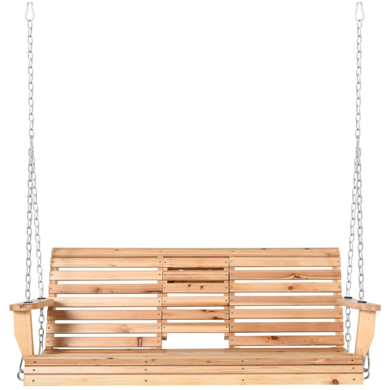 Outsunny 3-Seater Wooden Porch Swing, Patio Swing Bench with Folding Coffee Table, Cup Holders and Chains Included, 440lbs Weight Capacity, Natural