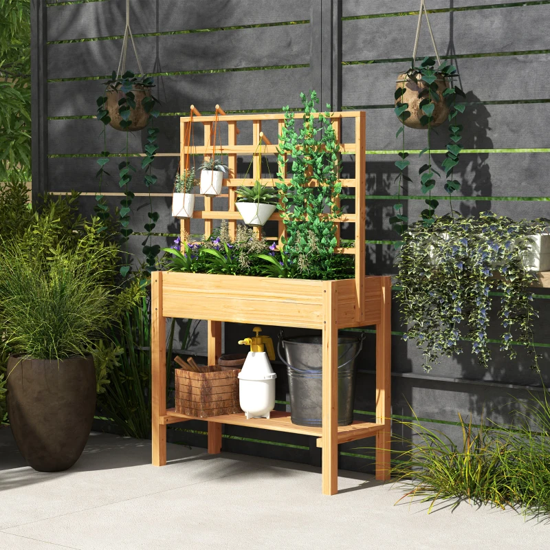 Outsunny Wooden Raised Garden Bed with Trellis, Outdoor Planter Box with Storage Shelf for Vegetables, Flowers, Herbs