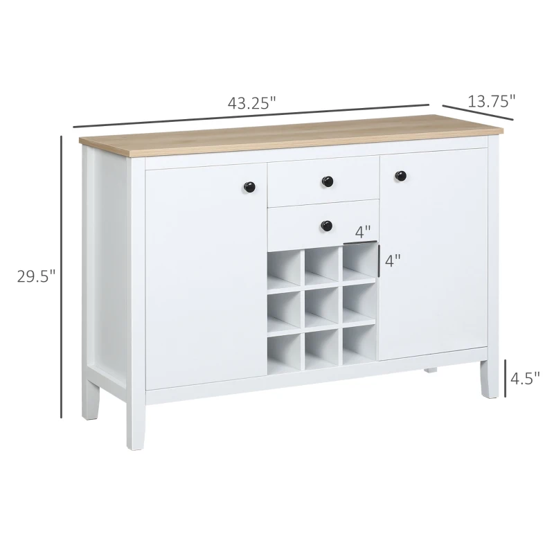 HOMCOM Coffee Bar Cabinet 9-Bottle Wine Rack, Sideboard Buffet Cabinet, Wine Cabinet with Drawers and Adjustable Shelves, Natural and White