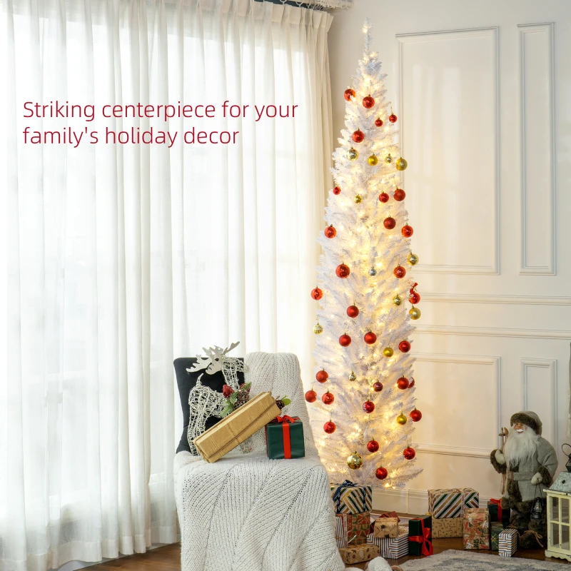 HOMCOM 8ft Pencil Christmas Tree, Slim Artificial Christmas Tree with Realistic Branches and Warm White LED Lights, White