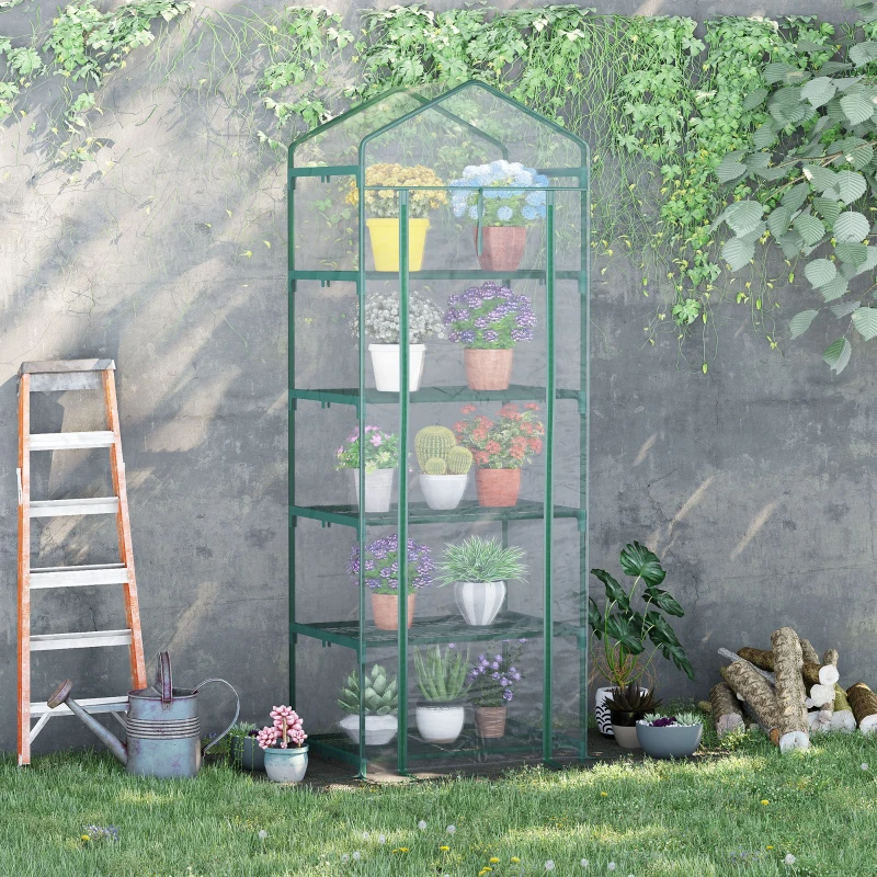 Outsunny 5 Tier Mini Greenhouse, Portable Outdoor Flower Stand with Shelf Clips, Indoor Greenhouse with Steel Frame, Transparent, 27.25" x 19.25" x 76", Clear