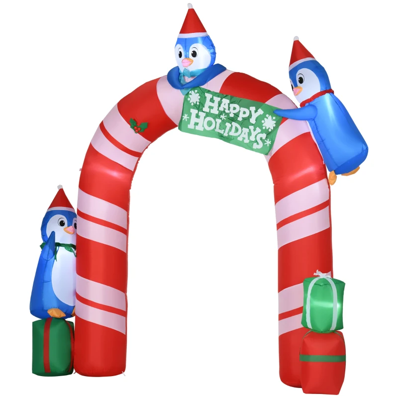 Outsunny 8ft Christmas Inflatables Outdoor Decorations Candy Cane Archway with Three Penguins and Gift Boxes, Blow-Up LED Yard Christmas Decor for Lawn Garden