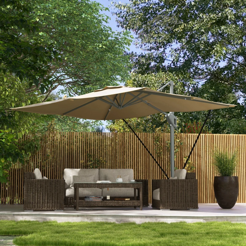 Outsunny 13 FT Cantilever Umbrella, Aluminum Hanging Offset Umbrella with 360°Rotation, Crank, Tilt, Cross Base, Khaki