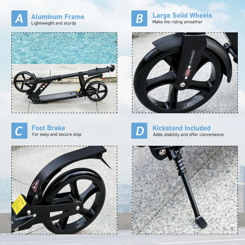 Soozier Kick Scooter Foldable Aluminum Ride On Toy For 8+ Adult Teens with Foot Brake, Adjustable Handle, 7.75'' Big Wheels, Black