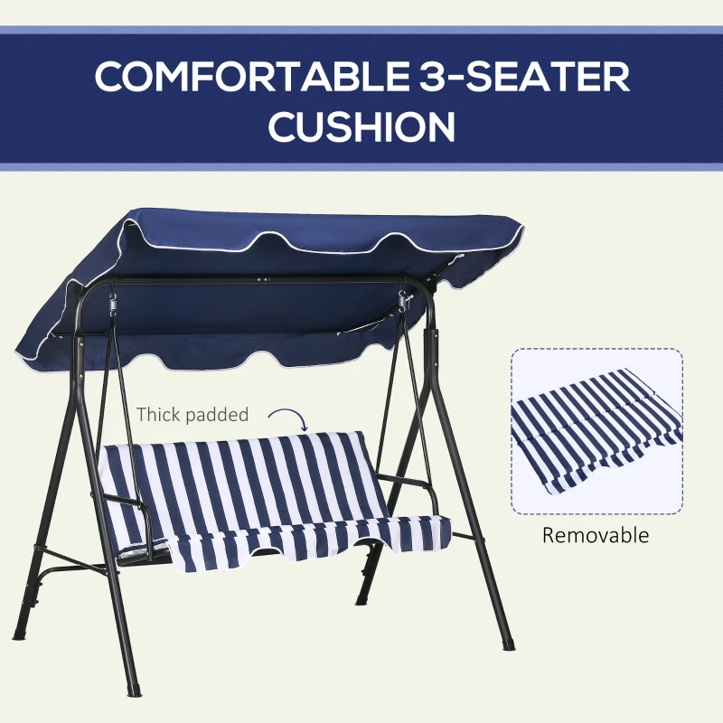 Outsunny 3-Seat Outdoor Patio Swing Chair with Cushion, Steel Frame Stand, Adjustable Tilt Canopy for Patio, Garden, Dark Blue