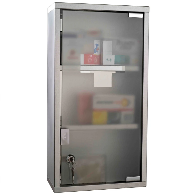HOMCOM Wall Mount Medicine Cabinet Bathroom Cabinet with 2 Shelves, Stainless Steel Frame and Glass Door, Lockable with 2 Keys