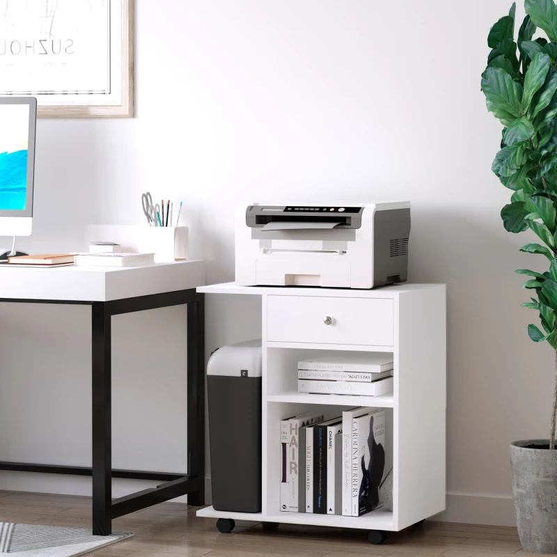 Vinsetto Mobile Printer Stand, Rolling File Cabinet Cart with Wheels, Adjustable Shelf, Drawer and CPU Stand, White