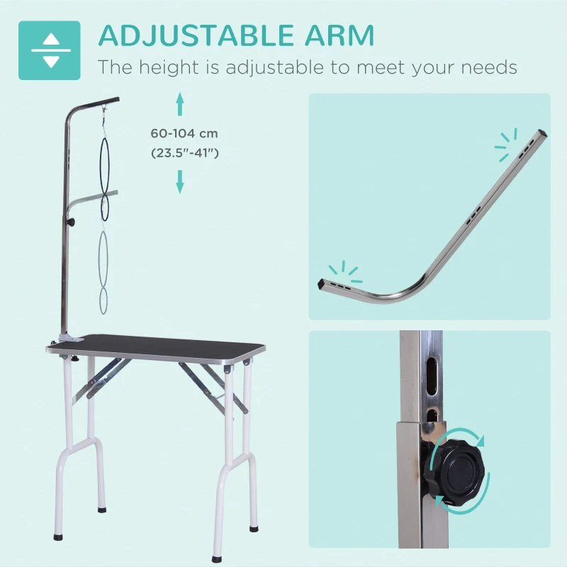 PawHut Foldable Pet Grooming Table for Dogs Cats with Adjustable Arm, Non-slip Surface, Black