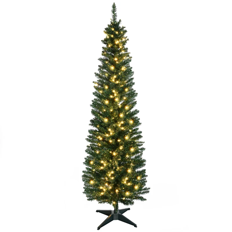 HOMCOM 7' Pre Lit Artificial Pencil Christmas Trees, Xmas Tree with Realistic Branches and Warm White LED Lights, Green