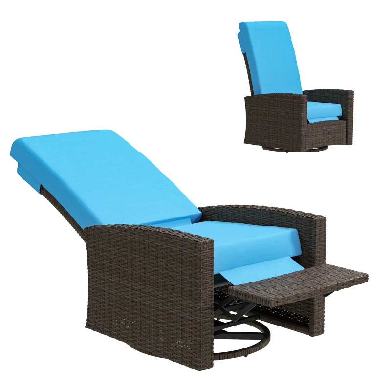 Outsunny Outdoor Wicker Swivel Recliner Chair, Lifting Footrest, 360° Rotating Basic, Water-resistant Cushions, Sky Blue