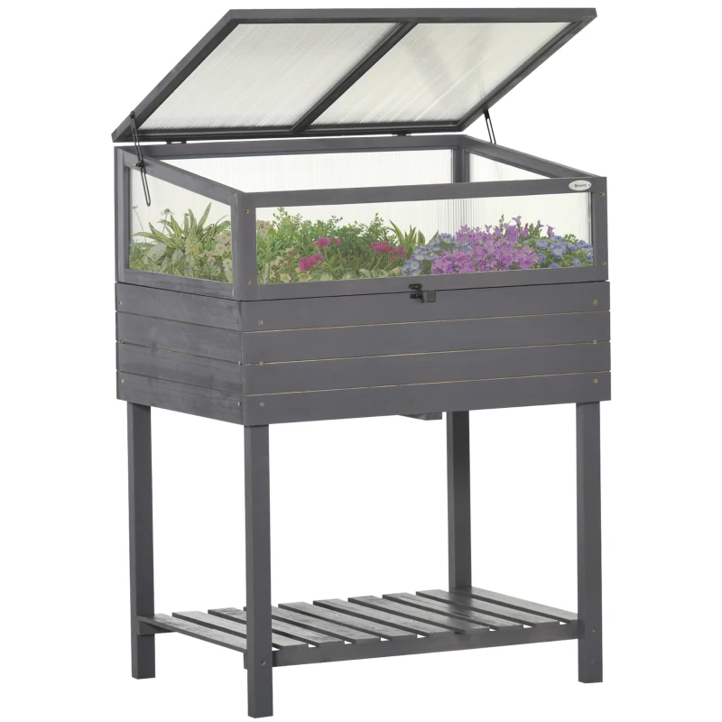 Outsunny Raised Garden Bed with Cold Frame Greenhouse, Grow Grids and Storage Shelf, Outdoor 2 Tiers Elevated Wood Planter Box for Herbs and Vegetables, Use for Patio, Backyard, Balcony