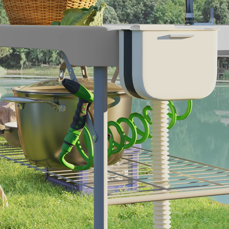 Outsunny Folding Fish Cleaning Table with Sinks, Portable Camping Sink Table with Faucet, Drainage Hose, Sprayer, Shelf, Drawer and Storage Basket, Outdoor Fillet Table for Picnic Beach Patio, Gray