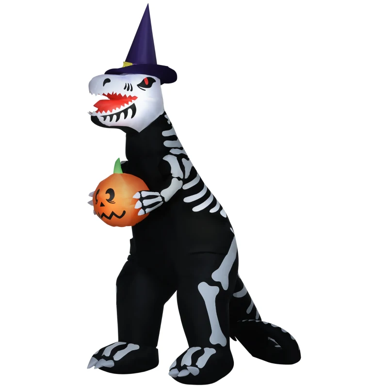 HOMCOM 8' Inflatable Halloween Skeleton Dinosaur with Pumpkin, Blow Up Outdoor LED Yard Display, Waterproof
