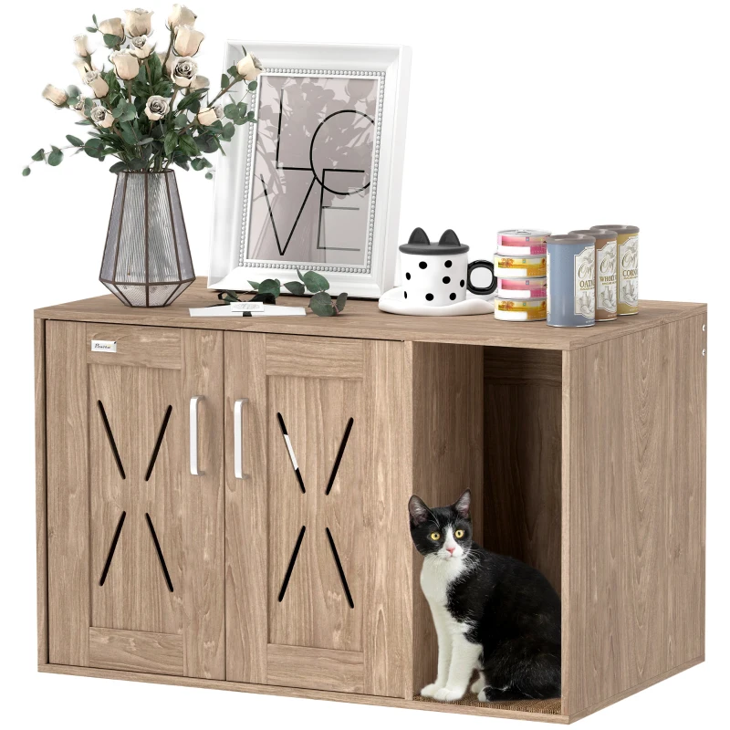 PawHut Cat Litter Box Enclosure with Scratching Board, Cat Washroom End Side Table, 31.5" x 19" x 20", Walnut Brown