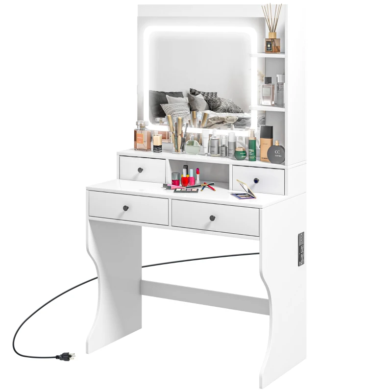 HOMCOM Dressing Table with Lighted Mirror, Vanity Table with Charging Station, USB Ports, Drawers, Storage Shelves, White