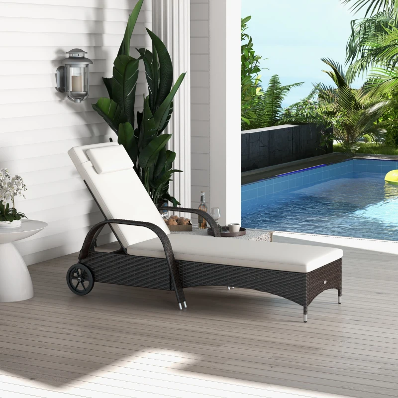 Outsunny Wicker Chaise Lounge, Outdoor Lounge Chair, PE Rattan Patio Sun lounger with Head-rest, 5-Level Height Adjust Backrest, Cushion & Wheels, Mixed Brown and Cream White
