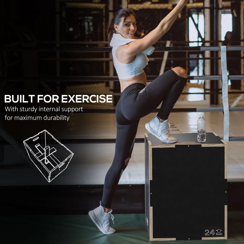 Soozier 24/20/16 In Wooden Plyometric Jump Box with Handle Openings for Home Gym Workout Training