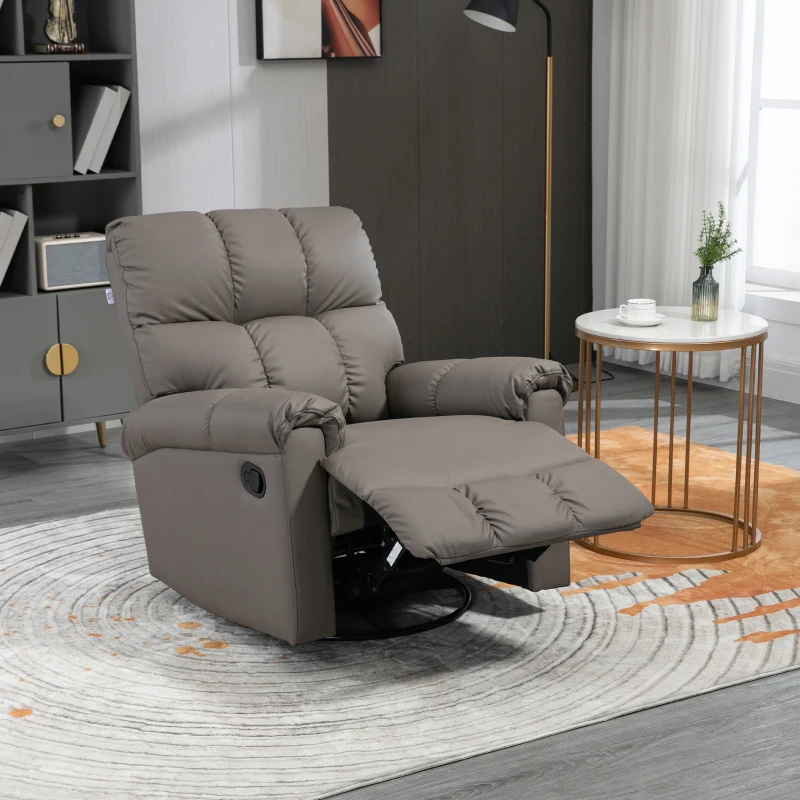 HOMCOM Rocker Recliner Chair with Overstuffed Back and Seat, Faux Leather Manual Reclining Chair with Footrest and 360 Swivel Rotation Base for Living Room, Brown