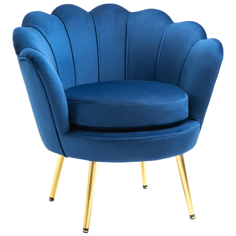 HOMCOM Velvet Armchair, Modern Accent Chair with Gold Metal Legs, Comfy Upholstered Barrel Chair for Living Room Bedroom Vanity Room, Blue