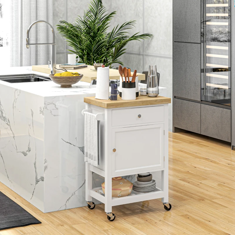 HOMCOM Kitchen Island on Wheels, Rolling Kitchen Cart with Rubberwood Top, Drawer, Wine Rack and Cabinet, White