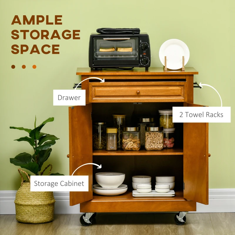 HOMCOM Modern Kitchen Island on Wheels, Rolling Kitchen Cart with Drawer, Storage Cabinet, and 2 Towel Racks for Dining Room, Brown