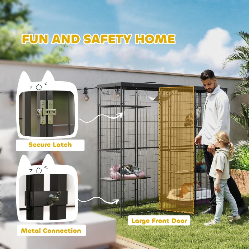 PawHut Weld Wire Catio Outdoor Indoor with Waterproof Cover, 4 Jumping Platforms, Hammock, for 1-3 Kittens, 69" x 22" x 62"(m-6)
