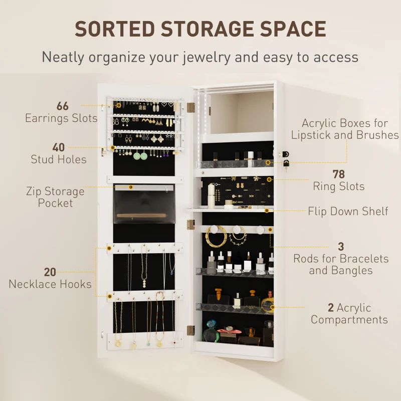 HOMCOM LED Lighted Jewellery Armoire with Mirror Jewellery Cabinet with Storage Lockable Door/Wall Mounted Jewellery Organizer, White