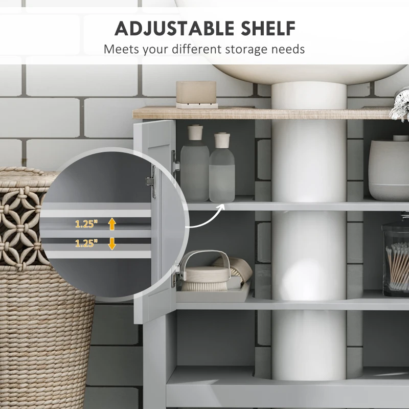 kleankin Pedestal Sink Storage Cabinet, Under Sink Cabinet, Bathroom Vanity Cabinet with Adjustable Shelf and Open Bottom Shelf, Gray