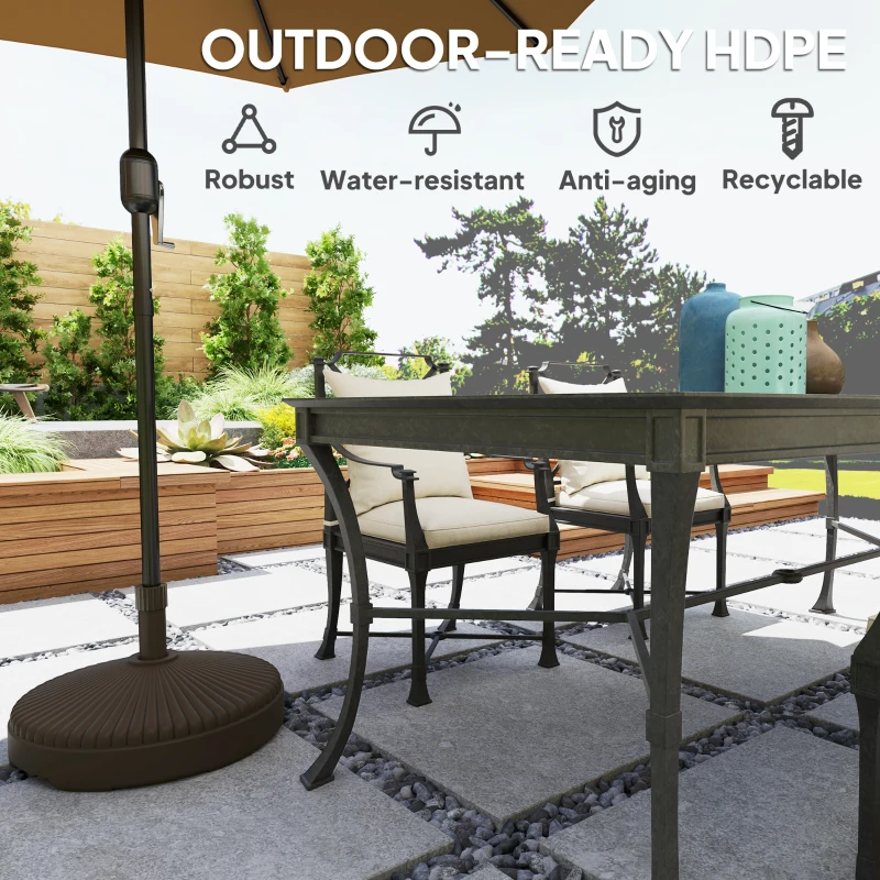 Outsunny Round Plastic Patio Umbrella Base Parasol Holder Outdoor Umbrella Stand, Filled Up to 62lbs with Stand or 51lbs with Water for Garden, Poolside, Brown