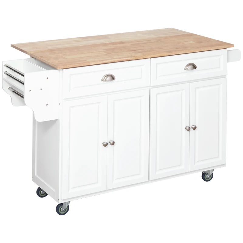 HOMCOM Kitchen Island with Storage, Rolling Kitchen Island with Drop Leaf, Rubber Wood Top and Adjustable Shelves, White