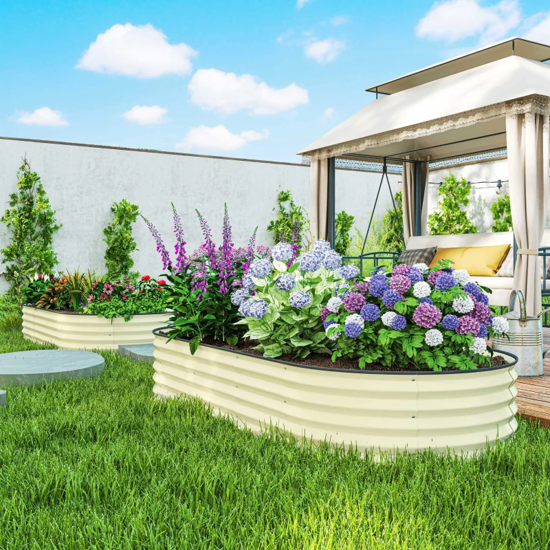 Outsunny 7' x 3' x 1' Raised Garden Bed Set, 2PCS Raised Beds for Gardening with Metal Plant Stakes, Cream White