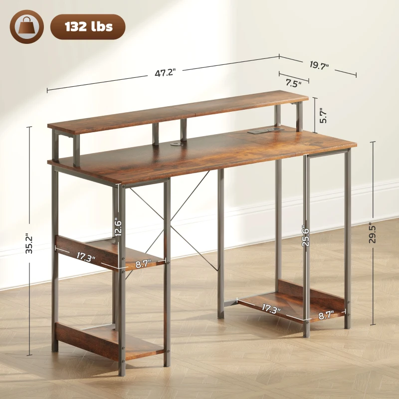 HOMCOM Computer Desk with Storage, 47" Reversible Computer Table with Power Outlets and LED Lights, Rustic Brown