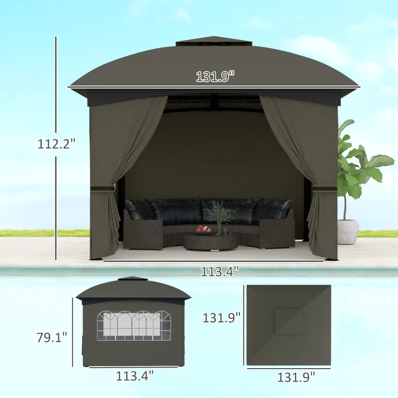 Outsunny 11' x 11' Outdoor Gazebo, Double Roof Patio Gazebo with Curtains, Church Windows, Galvanized Steel Frame, Dark Gray