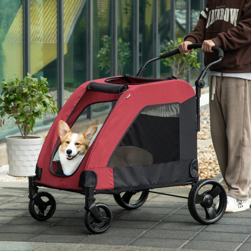 PawHut Dog Stroller for Medium and Large Dogs, 4 Wheels Folding Pet Cat Stroller With Universal Wheels, Storage Basket, safety leash, Red(m-10)