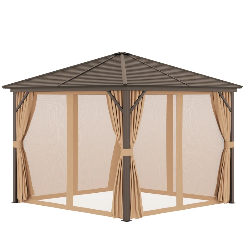 Outsunny 10' x 10' Hardtop Gazebo with Curtains and Netting, Permanent Pavilion Metal Single Roof Gazebo Canopy with Aluminum Frame and Hooks, for Garden, Patio, Backyard, Light Brown