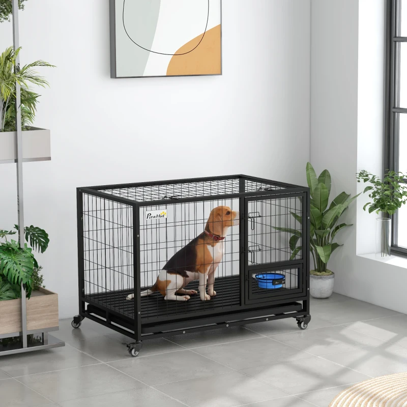 PawHut 43" Heavy Duty Dog Kennel w/ Bowl Holder, Wheels, Openable Top, Removable Tray for Medium & Large Dogs, Black