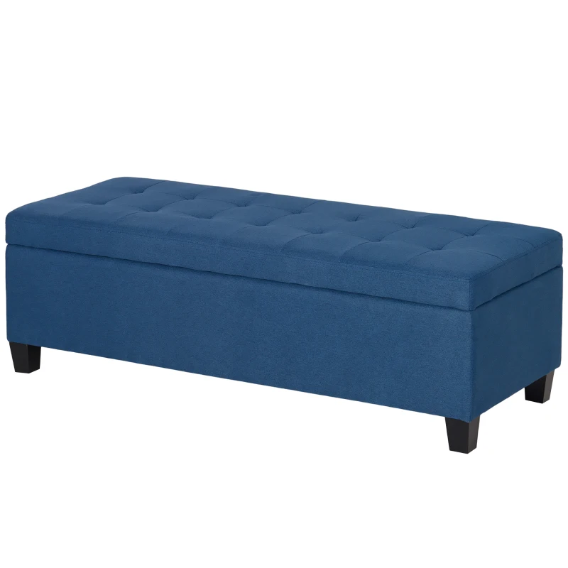HOMCOM Rectangular Entry Bench, Tufted Upholstered Linen Fabric Wood Feet Storage Ottoman Bench, Blue