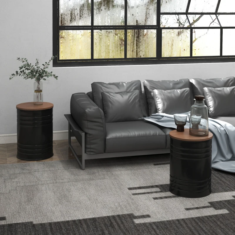 HOMCOM Round Storage Ottoman Set of 2, Nesting Ottomans with Wooden Lid, Metal Frame and Hidden Storage Space for Bedroom