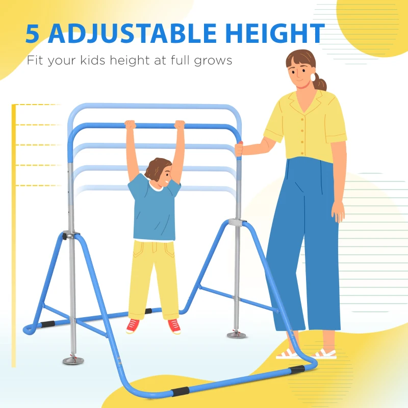 Qaba Folding Gymnastics Bar for Kids, Adjustable Height, Bubble Gum Blue