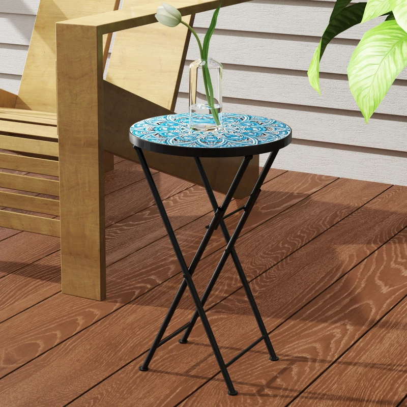 Outsunny Mosaic Outdoor Patio Side Table, 14" Round Folding Outdoor Coffee Table with Steel Frame for Balcony Deck Patio Terrace, Blue