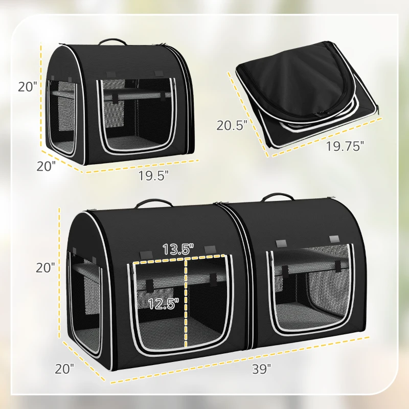 PawHut 39" Portable Soft 2 Sided Pet Cat Carrier with Divider, Two Compartment, Soft Cushions, & Storage Bag, Black