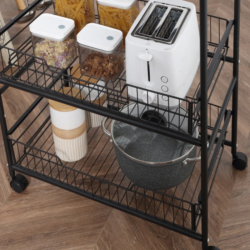 HOMCOM 3 Tier Rolling Kitchen Cart with Storage, Kitchen Island Cart on Wheels with 2 Sliding Fruit Basket, Microwave Cart with Side Hooks for Dining Room, Walnut