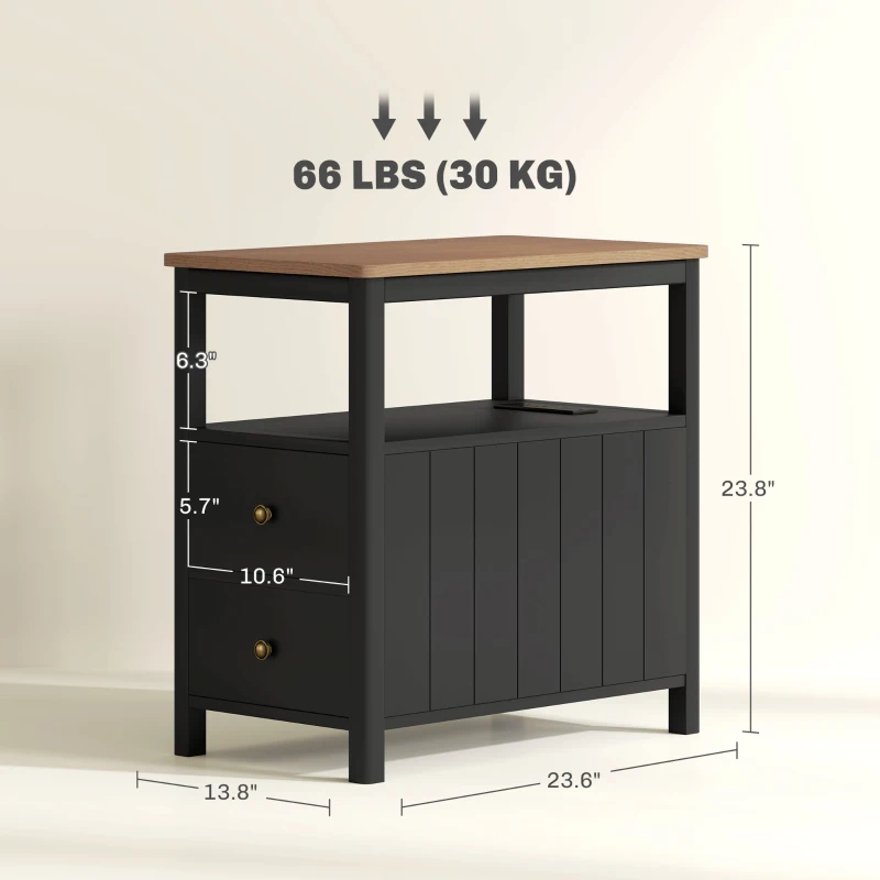 HOMCOM Side Table with Charging Station and USB Ports, Narrow End Table with Drawers, Shelf for Living Room, Black