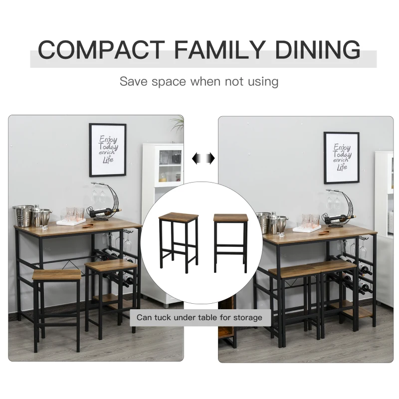 HOMCOM 3 Pieces Bar Table Set, Counter Height Table with 8-bottle Wine Rack and Cup Holder, 2 Stools with Metal Frame for Kitchen, Dining Room, Living Room, Pub